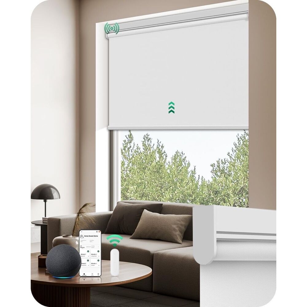 Motorized Roller Blinds 100% Blackout Smart Shades White 34”W x 72"H